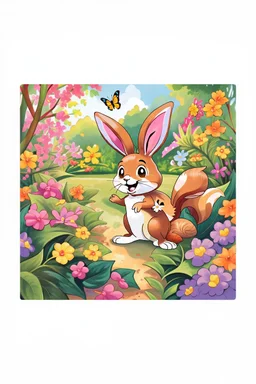 The beautiful butterfly happily sits on a patch of bright green leaves, the bunny and squirrel laughing, colorful garden background , child book illustration style, faces must be the same as reference image