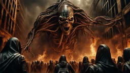 a horrifying death screaming banshee leading an army of rotting zombies through burning city. fantasy setting. h.r. giger. armor melted into the skin. blood. intense horror. blind terror. scared to death. a masterpiece, fantasy concept art, dynamic lighting, hyperdetailed, intricately detailed, deep color, Unreal Engine, volumetric lighting, Epic cinematic brilliant stunning intricate meticulously detailed dramatic atmospheric maximalist digital matte painting