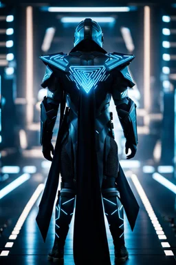 cyberpunk, neon blue, floating triangle of light behind the back, cyber armor, geometric patterns on an armor, male, orbiting triangle