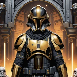 star wars bald male corellian pilot wearing pearlescent black and gunmetal grey First Order special forces heavy assault stealth commando armor and helmet with gold trim inside the jedi temple, hyperdetailed, dynamic lighting, hyperdetailed background, 8k resolution, volumetric lighting, light skin, fully symmetric details