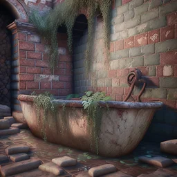 professional photography of an ancient bath,vines on the wall, wet brick walls, unreal engine 5, 8k resolution, photorealistic, ultra detailed