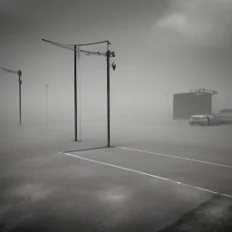 An empty carpark on a misty day. Telegraph poles and wires. Muted tones. Tilted horizon. With blotches, blurry areas and lens noise and grain. Hyper realistic Photo 4k