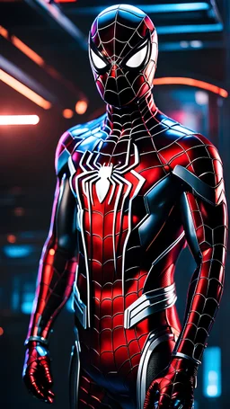 Ultra-detailed benevolent cyborg spiderman in a spaceship, with anthropomorphic cybernetic elements on metal armor, neon lights reflections, reflection mapping, intricate design and details, dramatic lighting, Cinematic lighting, Volumetric lighting, Epic composition, Photorealism, Bokeh blur, Very high detail, Sony Alpha α7iv, ISO1900, Character design, Unreal Engine, Octane render, HDR, Subsurface scattering, by addie digi