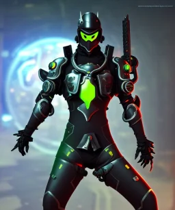 cyber ninja, black metal armor, futuristic suit, imperious, 8k resolution, overwatch, genji, color, vibrant