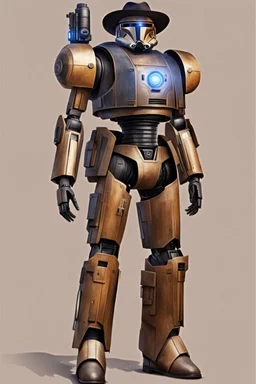 A Star Wars Combat Droid, Wearing Western Cowboy Clothes, Armour looks like Halo, Wearing a cowboy hat and a Cowboy Over-Coat.