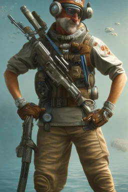 diver like a oldman,with the gun,hi quality detail,hi quality textures,cinematic,realistic,aggressive,cosmic