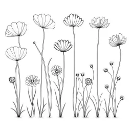 set of grow wind flower on the grace bouqute, SIMPLE ONE lineS art, white background, minimalis, different view, only white bakcground solid.