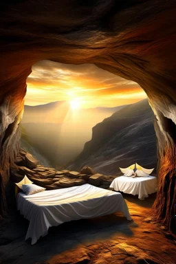 Imagine a surreal landscape outside view at sunrise with a cave tomb in the side of the hill with two winged angels guarding it and a stone slab rolled to the side of the entrance. Inside the cave you can see a shroud folded neatly on the bed where a body would lay. Through an opening in the cave wall you can see the sunrise and two winged angels