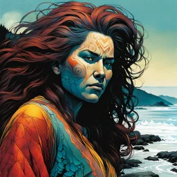 create a closeup full body print illustration of a female Salish shaman with highly detailed hair and feminine facial features, along the rocky shore of Vancouver Island , in the comic book art style of Bill Sienkiewicz, Mike Mignola, Sparth, Maxfield Parrish, and Jean Giraud Moebius, finely textured, drawn, colored, and inked, suffused with dramatic natural light, chiaroscuro