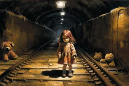 in a tunnel little girl is holding a teddy bear next to train tracks Alex Maleev