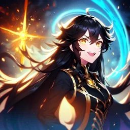 girl, masterpiece, best quality, volumetric lighting, detailed outfit, perfect eyes, long hair, black hair, golden eyes, messy hair, laughing, dark magic, angry,