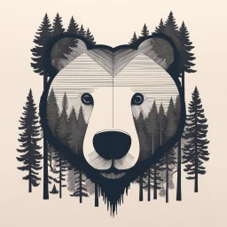 M shaped bear head combined with lots of woods silhouette in background, letterpress style, minimalistic pencil art