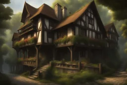 large medieval gothic, wooden inn, with a balcony, next to a sloping, cobbled road, in a wood, dense foliage, photo-realistic