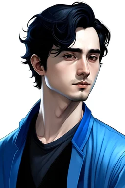 A handsome young man, wearing blue clothes, black hair, and black eyes. A girl enters with a realistic picture