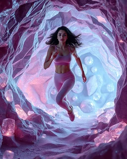 make a video pretty crystal cave covered with jewells and CIFI jewell lights and 3d recursive cubic and sphere base pearls and a beautiful fashion model lady with cute,curvy hair,makeup, in pretty sports suit is running inside cave ,dynamic camera fallow her inside cave capturing full body, dynamic lights.