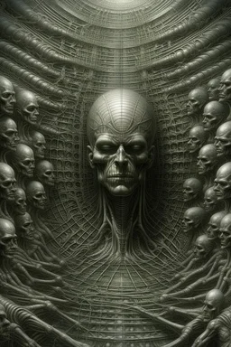 A field of thousands hands and heads inside a human cell , a thin line draw ،front view camera, surreal horror, biomechanical design, by hr giger and beksinski , Busch painting style