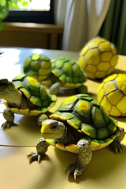 Turtles plaing volley ball on a tiny piece of paper mache cheese