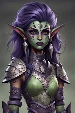 Create a young, perky, female humanoid githyanki. She has pale green skin, big dark purple flowing hair, large dark black eyes, a few facial tatoos, face, pointed ears, dressed in armor.