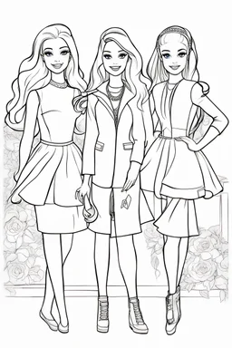 outline art for kids barbie coloring pages with barbie with her 2 friends , no background, sketch style, full body, only use outline, mandala style, clean line art, white background, no shadows and clear and well outlined. should look exactly like barbie