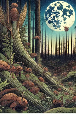 A twilight scene in a dense, misty old growth forest, illuminated by an otherworldly, ethereal glow, as if the trees themselves were radiating an eerie light, with a decaying log in the foreground, covered in moss, ferns, spiderwebs, and crawling with beetles and caterpillars, in the style of a manga illustration, reminiscent of the dark, atmospheric works of Junji Ito, with bold, expressive lines and vibrant, stippled textures, evoking the woodblock prints of ancient masters like Utagawa Hiros