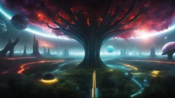 hyper realistic, tron legacy movie, aliens creatures, space ships of the future, city of the future, green nad dark red trees , forest, yellow, blue, purple, orange, space, planets, god creations