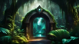 A magical portal leading to a hidden world where all the "missing episodes" unfold. Creatures, characters, and scenes from these unseen adventures peek out from the portal dark jungle palms, inviting viewers into horror the mystical tales. highly detailed eyes and hands and lips, HDR, 8K, ultra detailed, High quality