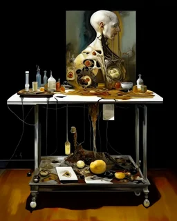 human body, universe-like table,complex surgical instruments mixed with human body-like musical instruments,minimalism,Painting By Adrian Ghenie, Rene Magritte, Salvador Dali, Lucian Freud