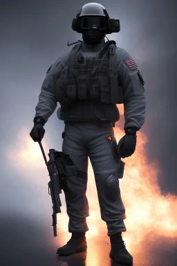 All Black American soldier, high tech special forces helmet, navy seals soldier, G.I. Joe, white smoke, dark, rage, sorrow, high definition, ultra 8 k, volumetric lighting, blue fire, fog