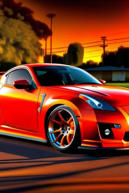 Nissan 350z with orange dragon vinyl in white on the garage on the background of a summer crimson evening