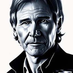 portrait of harrison ford as captain han solo, brown eyes, with realistic and extrem light facial skin, cinematic lighting, photorealistic, volumetric light and shadow, hyper HD, octane render, unreal engine, insanely detailed and intricate, hyper-realistic, space background, watercolour on white paper