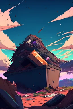 Dumpster mountains of garbage epic no people anime style