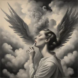 women sitting forward Her face turned upwards and blows cigarette smoke from their mouth. It depicts a figure with wings emerging from its back. behind the clouds of smoke seen death.