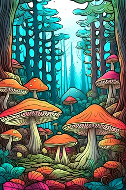 outline art for mushrooms in a forrest, vibrant colors, full page, realistic style, clean art
