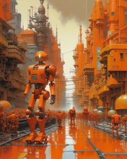An orange colored cybernetic city with robots painted by Claude Monet