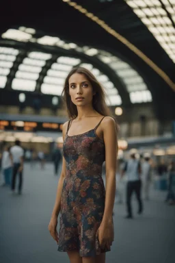 A realistic photo of a Milano in the main station in the background, a beautiful Italian young woman, late summer evening. Photo taken by Mamiya M645 camera with low-speed film, highly detailed, wide lens.