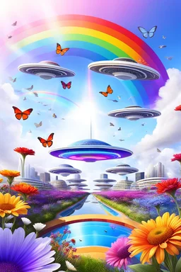 colors, very beautiful, flowers garden,rainbow, cité très futuriste ultra moderne, ufos rainbow, ufos fleet, intergalactic, birds, butterfly