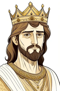 "Draw an Arabian king with a short beard and shoulder-length hair, handsome, sharp features, wearing a crown. His color is slightly tan, and he has drowsy eyes. His body is of average height. Draw another Arabian king who is larger in size, with thick eyebrows."