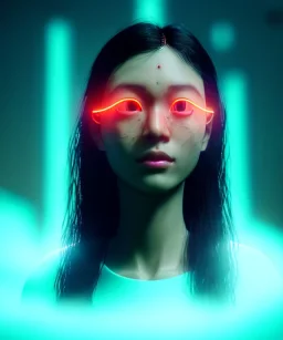 Ultra realistic photographic night portrait, cinematic, <Asian woman> <hanging wires> <retro monitor> many wires coming out of the head <perfect pupil> <cyborg arm> <garage> <wide angle Shot> <sci-fi futuristic> <thriller>, neon lights, color fog, soft color, highly detailed, unreal engine 5, ray tracing, RTX, lumen lighting, ultra detail, volumetric lighting, high definition.