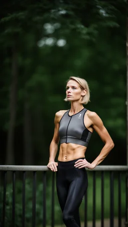 photography of a beautiful anorexic woman, grey satin triathlon top, sports illustrated, blond short wavy bob haircut, pronounced sternum, flat chest, anthracite cycling leggins