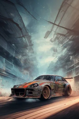 Furious rage, Japanese car drift, wide angle view, close-up, macro lens, centered camera, titanium accents, intricate details, small minutiae, tiny features, particulars, colorful, 8k, least ambient occlusion, volumetric lighting, volumetric clouds