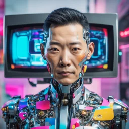 cyborg AI mayor inside TV, Japan, facing the camera, bright colors