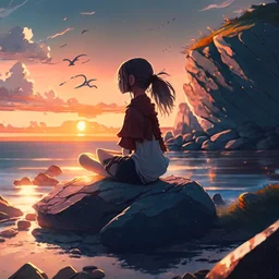 A girl is sitting on the edge of the rocks by the seashore and is meditating. The sun is setting, digital art, anime, 4k, full details