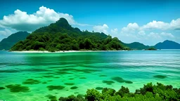 scenario by the sea in borneo in the 1960s, across the sea there are three twin forest islands, one in front and one behind, the one in front is an elongated island with a medium-sized island in front of it, the one behind is only partially visible, the cliff is made of cement usually there are no carvings, the land is almost bald because of the people passing through it. generate horizontal view.
