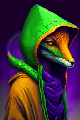 green serpent, purple serpent, orange fox, hooded boy