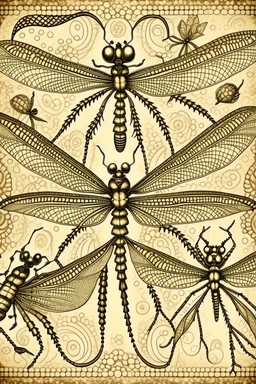 vintage, gothic, steampunk drawings of a dragonfly, sepia-toned