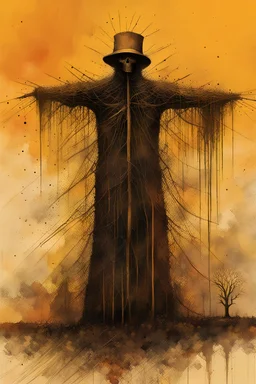 Liminal scarecrow visionary, lovecraftian reanimated straw gods in the gaps of reality, by Jim Dine and Colin McCahon and Zdzilaw Beksinski, mind-bending pen illustration; warm colors, dynamic diagonal composition, album art, asymmetric, Morse code dot and dash vertical textures, dark shines war, complex contrast