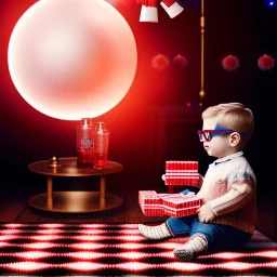 volumetric living room scene, ralphie peter billingsley glasses, boy in argyle sweater holding a bar of (red soap)