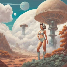 slim Sci-fi pin-up girl on an alien planet of cloud trees