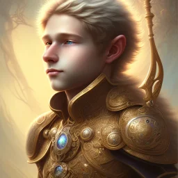 Sango fantasy, fantasy magic, intricate, sharp focus, illustration, highly detailed, digital painting, concept art, matte, art germ and Paul Lewin and Kehinde Wiley, full body image of a beautiful 12 year old boy with long, blonde curly hair and light blue eyes, smiling, shirtless, in front of an distant beach