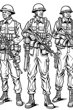 Outline art for coloring page OF A 1940'S TOY SET OF FOUR SMALL AMERICAN PLASTIC TOY ARMY SOLDIERS, coloring page, white background, Sketch style, only use outline, clean line art, white background, no shadows, no shading, no color, clear